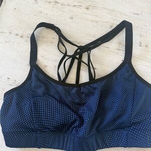 Women's Blue Patterned Strappy Sports Bra with Black Trim